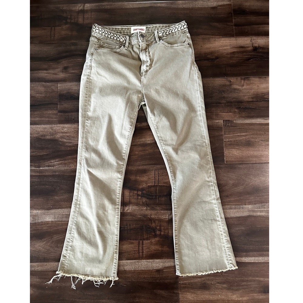 Driftwood Roxy Flare Jeans Olive Green Braided Waist Raw Hem Size 28 W28 L27